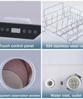 Portable Countertop Dishwasher For Busy Households Featuring Four Cycle Settings And Turbo Hot Air Dryer control panel, stainless steel rack, and water inlet.