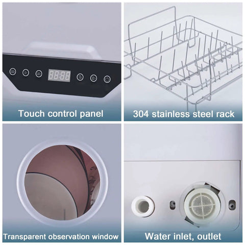 Portable Countertop Dishwasher For Busy Households Featuring Four Cycle Settings And Turbo Hot Air Dryer control panel, stainless steel rack, and water inlet.