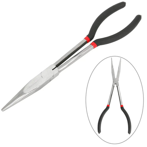 Long Needle Nose Pliers Set 11 Inch 5 Piece Kit With Nipper Bent Nose Duckbill End Cutting And Diagonal Pliers For Tight Spaces Includes Straight