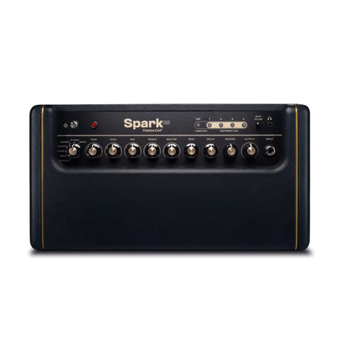 Front view of Spark 40-Watt Combo Practice Amp for electric guitar, bass, and acoustic with mobile app and Smart Jam features.