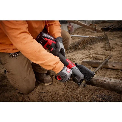 Milwaukee Number 10 Size 1-Inch Rebar Cutting Blade With Cermet Carbide Teeth For Cold Cutting Max Rpm 2000 in use on a steel rod.