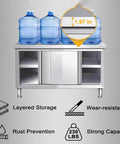 Bulletproof Stainless Steel Prep Table Featuring Sliding Door Storage Cabinet Nsf Certified Commercial Kitchen Workbench Tough Restaurant And Garage Station 71 By 31 Inches with water bottles on top.