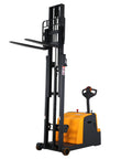 Apollo 2200 Lb Fully Electric Stackert Forklift With Hydraulic Lift And Straddle Forks Reaches 98 Inches High showing side profile with straddle forks.