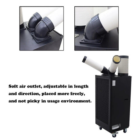 Job Site Ready Heavy Hitter Industrial Air Conditioner Double Exhaust Extendable Duct High Performance Outdoor Ventilation Fan 15400 Btu 220V Built Tough Cooling System Black adjustable soft air outlet details.