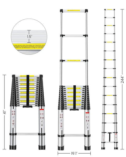 20.3 Ft Telescoping Ladder For Home And RV Use, Collapsible Aluminum Extension Ladder With 330 Lb Load Capacity, Lightweight, Space Saving, Easy Locking, Adjustable Reach For Indoor And Outdoor Tasks. Folded and extended telescoping aluminum ladder with 244 in reach