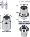 Four Piece M12 X 1.5 Wheel Lock Lug Nuts Set With One Key, dimensions and design details shown against white background