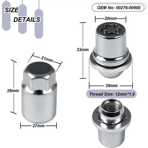 Four Piece M12 X 1.5 Wheel Lock Lug Nuts Set With One Key, dimensions and design details shown against white background