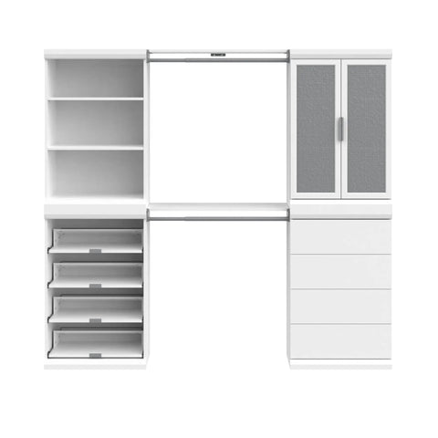 Slick White Modular Storage Organizer Kit With Adjustable Hanging Rods featuring roomy shoe cubbies and drawers.