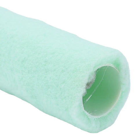 Close-up of a mint green 14 inch Wide Nap Paint Roller Cover Heavy Duty Polyester Sleeve for smooth paint application.