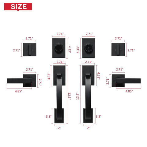 Double Door Lock Set With Deadbolt Entry Door Lockset Single Cylinder Circle Handle Lower Half Grip Black Finish sizing diagram