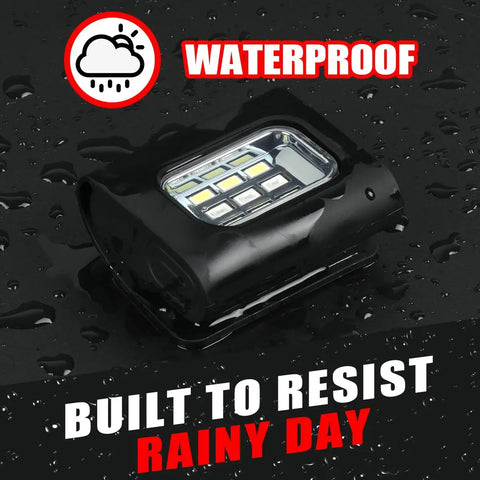 Two Pack USB Rechargeable LED Running Light With Magnetic Clip Water Resistant Four Modes Ultra Bright Night Running Safety Lights For Jogging Walking And Hiking on wet surface showing waterproof feature.