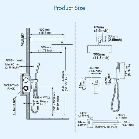 Technical diagram of Wall Mount Shower System With 12 Inch Rainfall Shower Head And Handheld Spray Tub Spout Three Function Mixer
