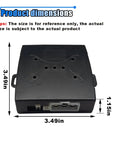 Push Start Button Kit For Most DC12V Cars dimensions, black rectangular component with 3.49in x 3.49in x 1.15in size