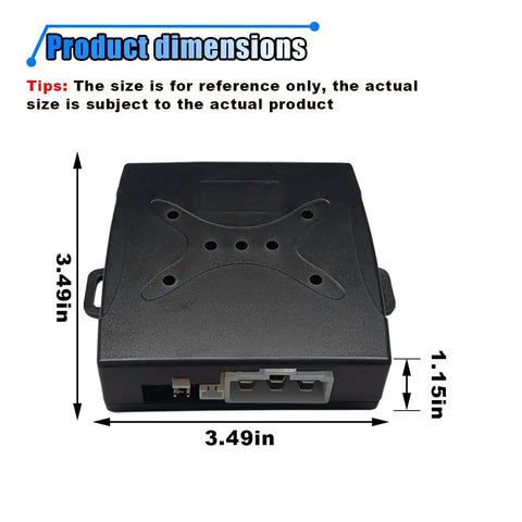 Push Start Button Kit For Most DC12V Cars dimensions, black rectangular component with 3.49in x 3.49in x 1.15in size