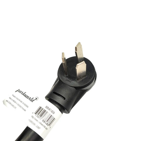 Beefy Copper Welder Adapter Cord NEMA 10-50P To NEMA 6-50R 250V 50A plug close-up with 3 prong male connector