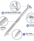 Top Shelf 10X2 Inch Stainless Steel Deck Screws 70 Piece Bucket Rust Proof Wood Fasteners With Sure Grip T25 Star Bits showing countersunk head and knurling details.