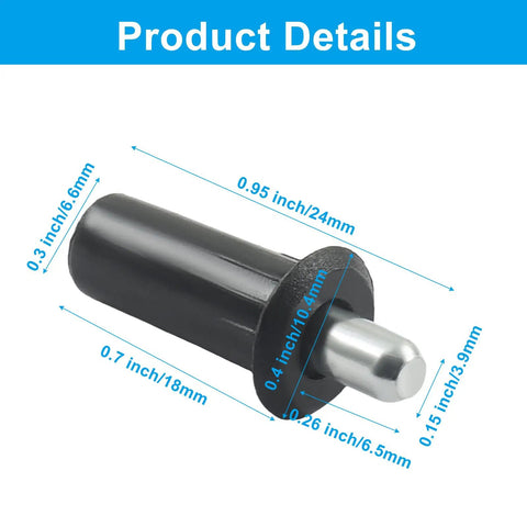 Heavy Duty Black Spring Loaded Cabinet Door Repair Pins 10 Pack Built Tough Plastic Steel Hardware For Shutters showing dimensions.