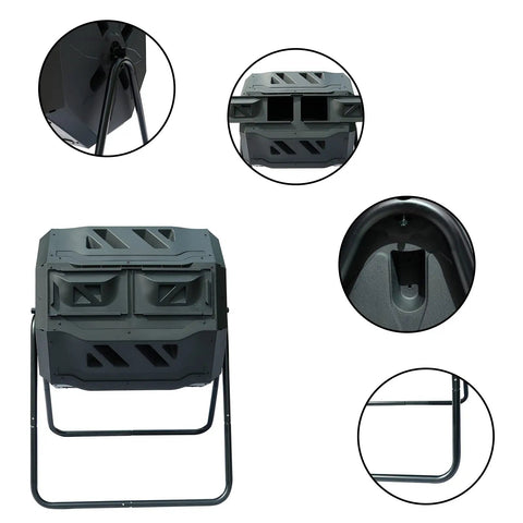 Dual Chamber Tumbler Composter With 42 Gallon Capacity for Yard, Garden and Kitchen Waste, outdoor rotating bin with axis turn
