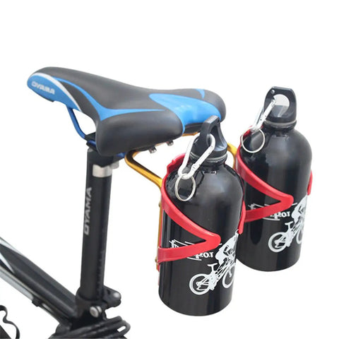 Dual Water Bottle Cage Holder For Bikes Ultra Lightweight Aluminum Alloy Two Bottle Mount Fits Frames Without Built In Bottle Cages Perfect For Folding Or Specialized Bikes Black attached to bike seat