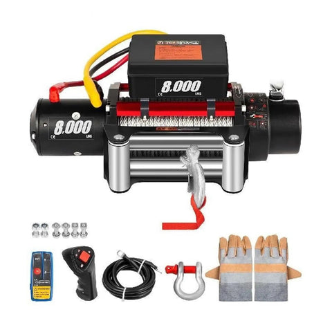 Heavy Duty Electric Winch With Wireless Remote Control And High Grade Steel Cable For SUV ATV Truck And Boat Recovery Off Road Trail Ready Gear That Pulls Like An Absolute Champ At Eight Thousand Pounds with accessories.