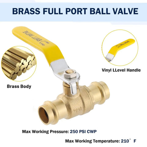 Three Quarter Inch Press Ball Valve With EPDM O-Rings One Quarter Turn Full Port Shut Off For Copper Tubing Connections LF Brass