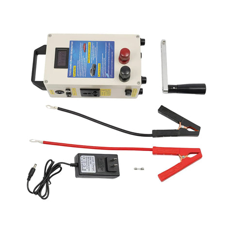 Massive 15600mAh Portable Emergency Power Bank with hand crank, USB charger, jumper cables, and adapter for camping and outages.