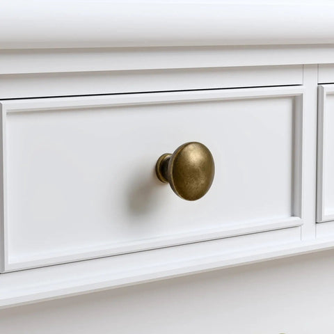 Top Tier Vintage Antique Brass Cabinet And Drawer Knobs 15 Pack Featuring Sweet Wineglass Contour on white drawer.