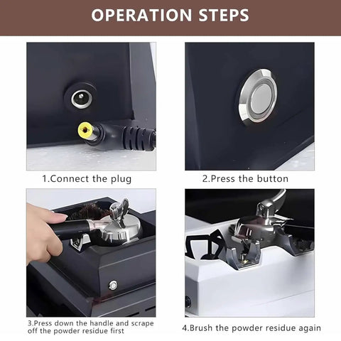 Operation steps for Electric Automatic Knock Box Cleaner Straight Up Setup For Baristas Featuring 58mm Portafilter Compatibility.