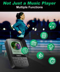 Woman jogging with Bluetooth 5.2 MP3 Player With HiFi Sound, Pocket Sized For Gym, Sports Clip, Earphones Included, shown beside.