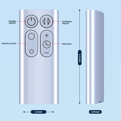 Dyson Replacement Remote Control For TP00 TP01 AM11 Pure Cool Air Purifier Tower Fan With Battery Included, silver finish, dimensions shown