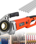Heavy Duty Electric Pipe Threader Built Like A Tank With Pure Copper Motor, Smooth Low Noise Performance And Gritty Reliability, Comes With Sturdy Carry Case Plus Six Interchangeable Die Heads For Any Job Site Grind, showing the tool with accessories.