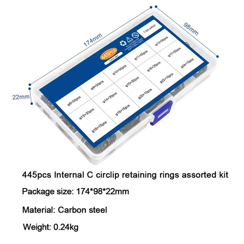 Plastic case for C Type External And Internal Circlip Kit Set 5mm To 19mm External Rings And 8mm To 24mm Internal Rings Carbon Steel