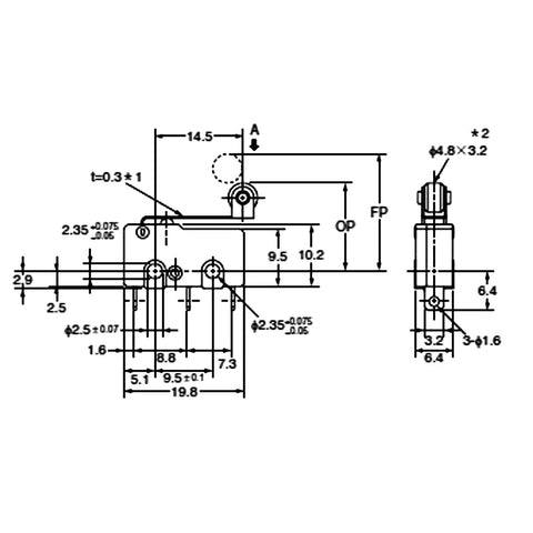 Technical diagram of a Pack Of Six Microswitch With SPDT Contacts 125V AC 5A Momentary Snap Action Hinge Roller Actuator IP40 dimensions.