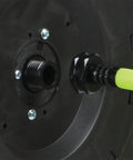 Close-up of Levelwind Retractable Air Hose Reel 3/8 Inch By 75 Feet connection point with ZillaGreen hose in garages and shops.