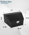 Heavy Duty 36 Inch Black Steel Trailer Tongue Tool Box With Overhang Lip And Solid Lock Featuring Fold Up Door Design dimensions showing 31" x 21.06" x 15.5".