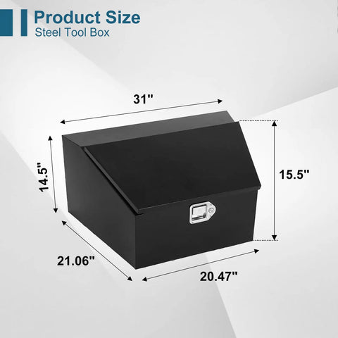 Heavy Duty 36 Inch Black Steel Trailer Tongue Tool Box With Overhang Lip And Solid Lock Featuring Fold Up Door Design dimensions showing 31" x 21.06" x 15.5".