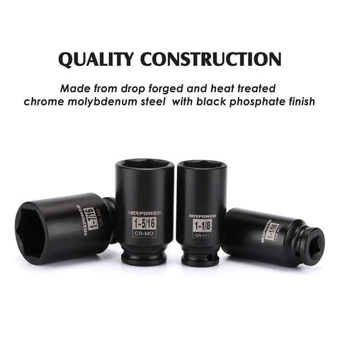 7 Piece 1/2 Inch Drive Deep Impact Socket Set 6-Point CR-MO Drop Forged with Black Phosphate Finish, sizes visible