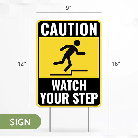Two Pack Watch Your Step Yard Signs With Metal Stakes 12 By 9 Inches Corrugated Plastic Outdoor Caution Signs Bold Lettering