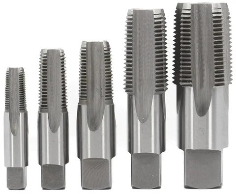 Five Piece NPT Pipe Tap Set For Creating Internal Threads In Pipe Fittings 1/8, 1/4, 3/8, 1/2, 3/4 Inch Carbon Steel With Durable Uncoated Taps And Plastic Pouch Case POU Series