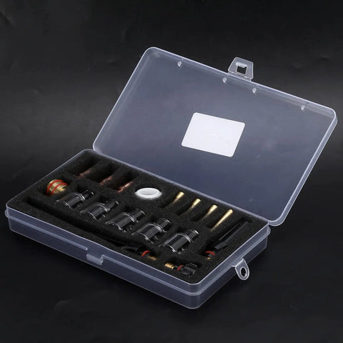 Upgrade Your Argon TIG Welding Game With This Premium WP 17 18 26 Torch Accessories Kit featuring a clear storage case filled with components.