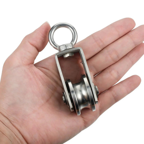 Stainless Steel Cable Pulley Wheel With Dual Bearings For Smooth Rope Handling, 360 Degree Rotation, Fits 11mm Ropes, Heavy Duty Gear For Gym Pulleys And Clotheslines, Built Tough, 4 Pack, stainless steel pulley in hand