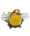 Front view of Water Turbine Micro Hydroelectric Power Generator For DIY Off Grid Charging LED Lighting And Devices DC Up To Eighty Volts Ten Watt Output No Internal Regulator Great For Charging Small Batteries And Phones, showing yellow turbine in clear casing.