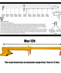 Boss Grade 3 Ton Forklift Jib Boom Crane Adapter with specifications, showing adjustable reach from 7 to 12 feet.