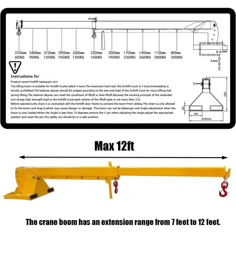 Boss Grade 3 Ton Forklift Jib Boom Crane Adapter with specifications, showing adjustable reach from 7 to 12 feet.