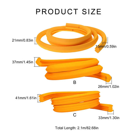 Three orange foam tubeless tire inserts for bikes, labeled A, B, C, with dimensions, lightweight foam for 2.3 to 2.5 inch tires