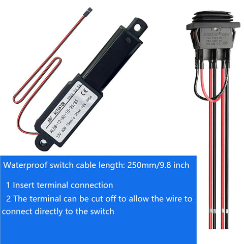 URANT 12V mini electric linear actuator with waterproof switch and mounting bracket; black housing, red/black leads