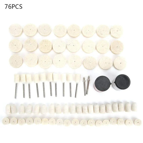 Top Notch 76 Piece Wool Polishing Wheel Set for Electric Grinder showing soft wool pads, shafts, and accessories for buffing.