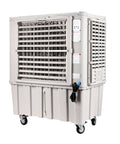 Portable Evaporative Air Cooler With Built In Water Tank And Easy Grip Remote Control, grey plastic frame, mobile design.
