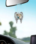 Sublimation Angel Wing Ornament Blanks Set With Metal Love Heart Pendant hanging from rearview mirror in car, silver.