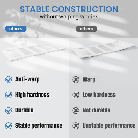 Comparison of stable construction features of White Glass Barn Door Slab with anti-warp and durable benefits versus others.